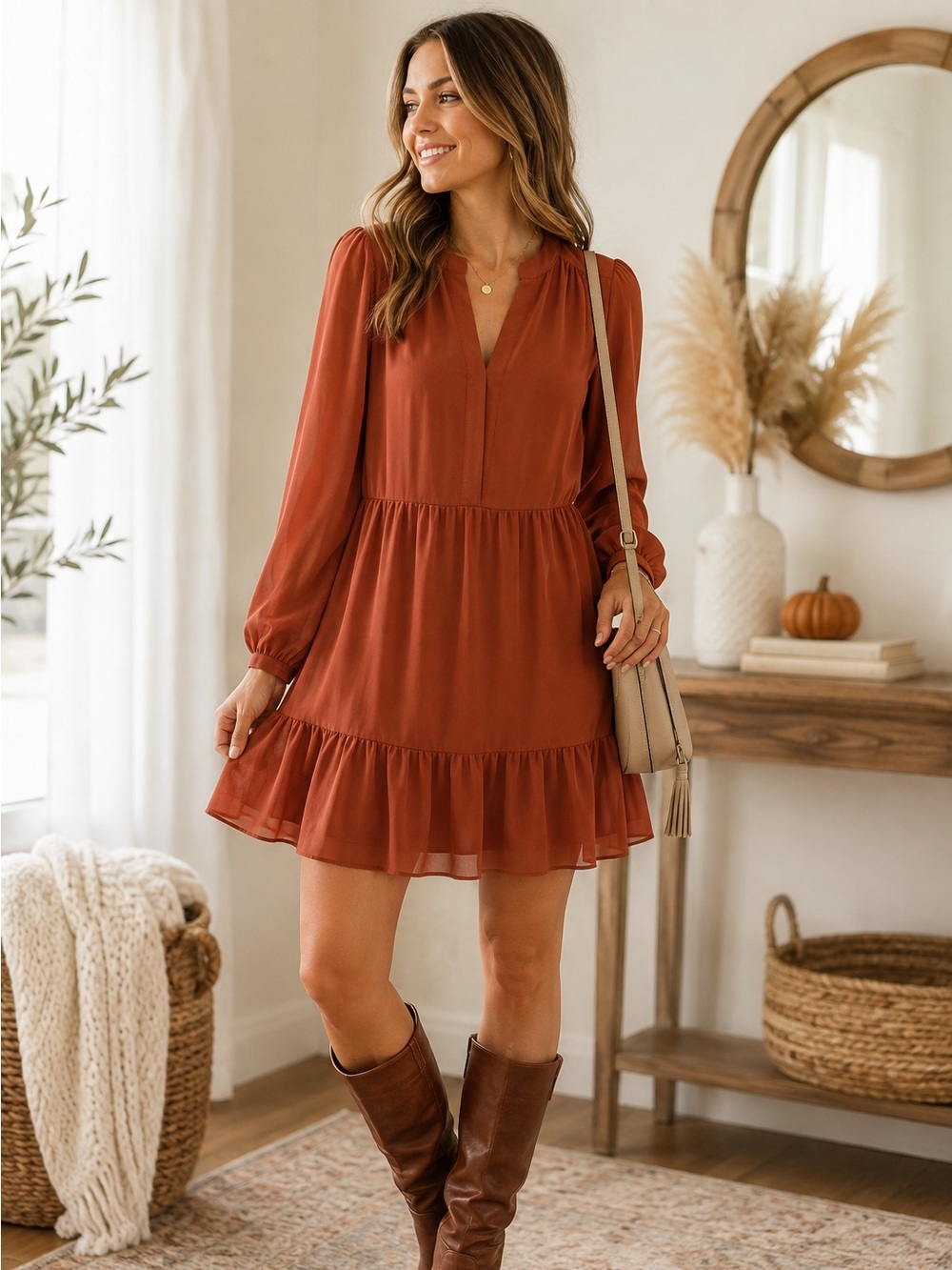 Vince Camuto Size S Rust Terracotta Tiered Ruffle Long Sleeve Dress